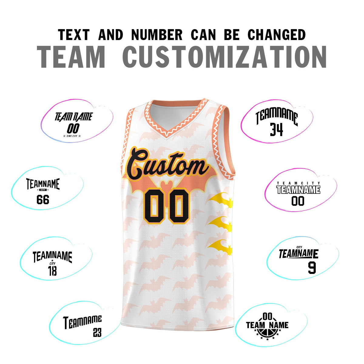 Custom White Gold Light Orange Bat Pattern Halloween Basketball Jersey | For Men,For Kid,For Youth,Sublimation Printed,Perfect for Training,Perfect for Parties,Add Name and Numbern | KXKSHOP