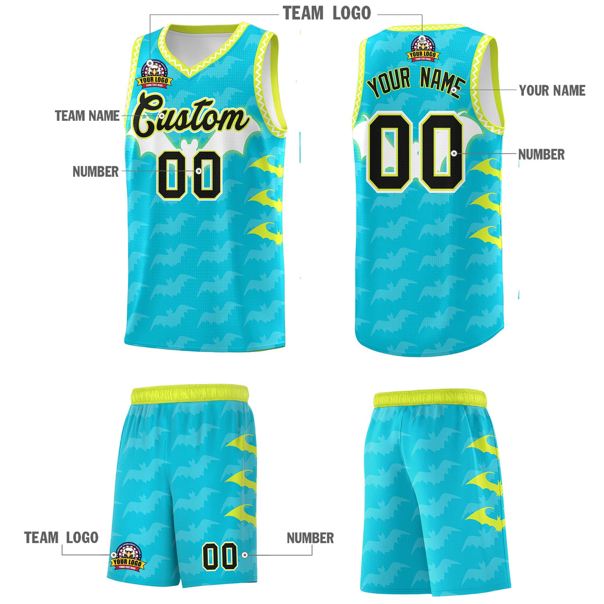 Custom Sky Blue White Bat Pattern Halloween Basketball Jersey | For Men,For Kid,For Youth,Sublimation Printed,Perfect for Training,Perfect for Parties,Add Name and Numbern | KXKSHOP