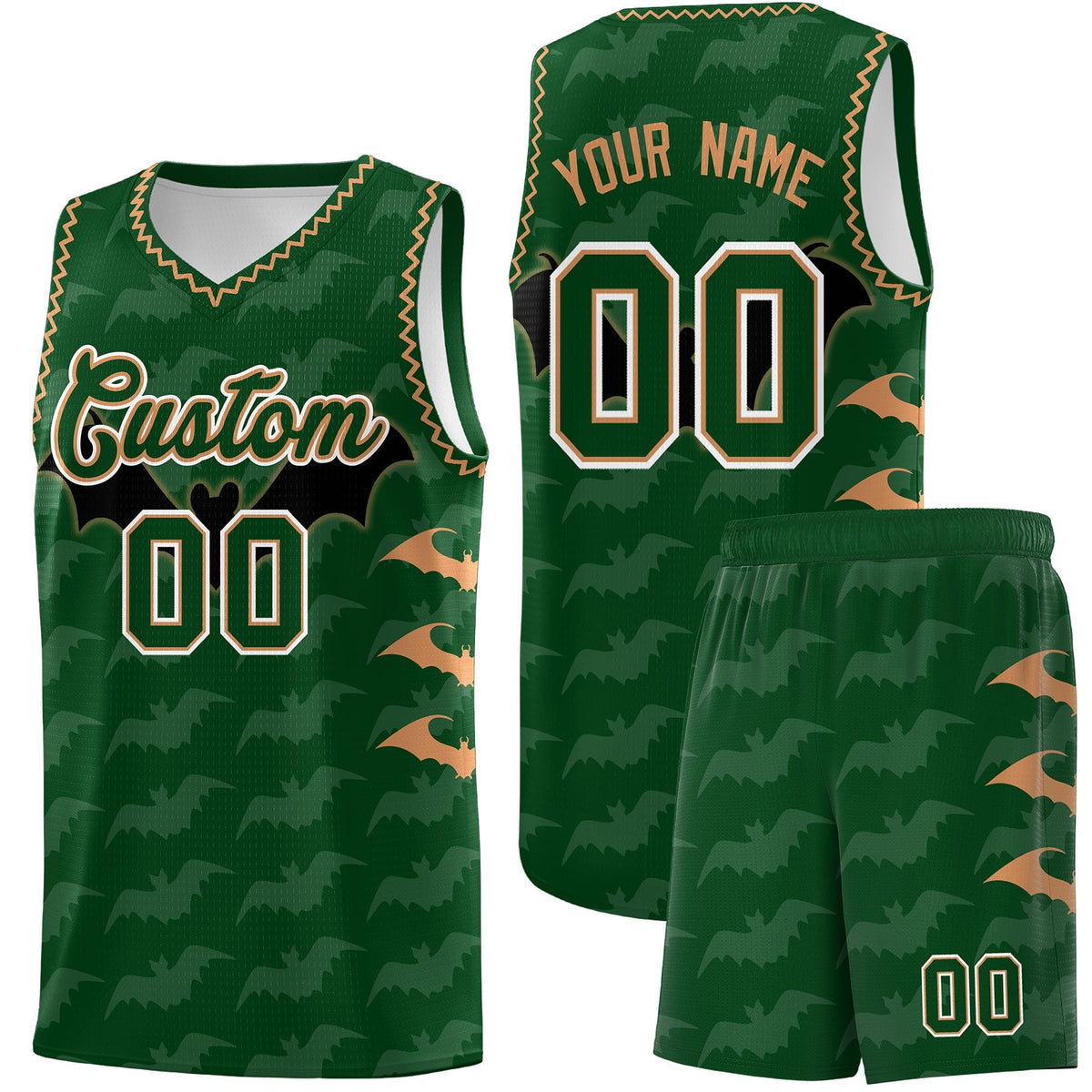 Custom Green Buckskin Brown Bat Pattern Halloween Basketball Jersey | For Men,For Kid,For Youth,Sublimation Printed,Perfect for Training,Perfect for Parties,Add Name and Numbern | KXKSHOP