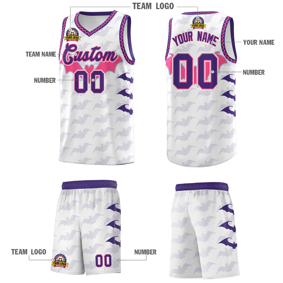 Custom White Pink Purple Bat Pattern Halloween Basketball Jersey | For Men,For Kid,For Youth,Sublimation Printed,Perfect for Training,Perfect for Parties,Add Name and Numbern | KXKSHOP