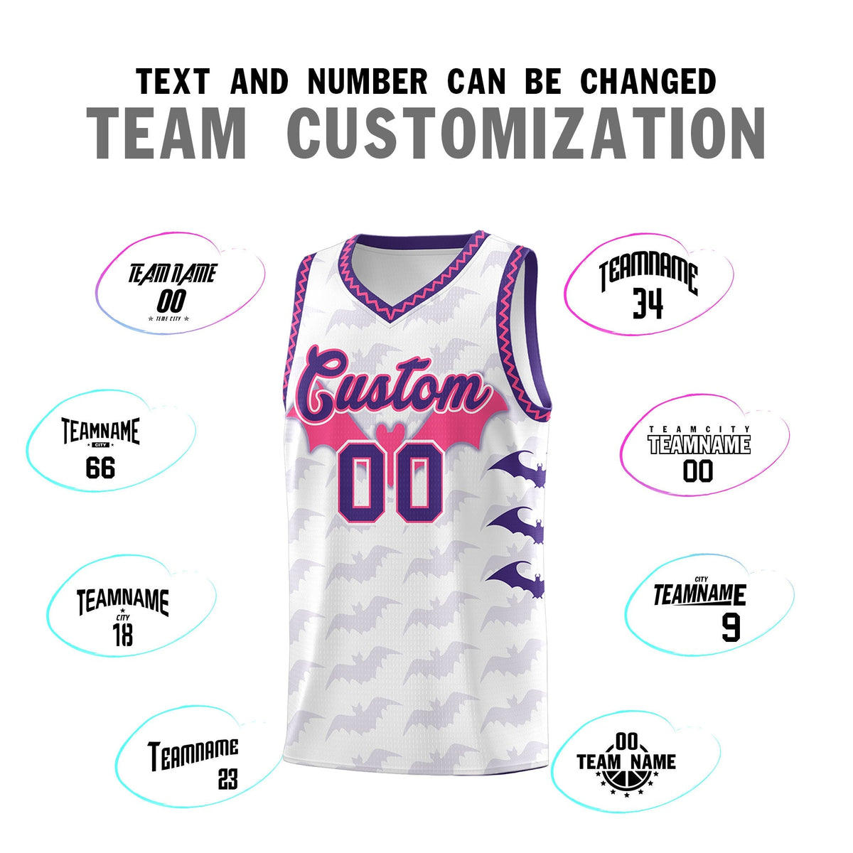 Custom White Pink Purple Bat Pattern Halloween Basketball Jersey | For Men,For Kid,For Youth,Sublimation Printed,Perfect for Training,Perfect for Parties,Add Name and Numbern | KXKSHOP
