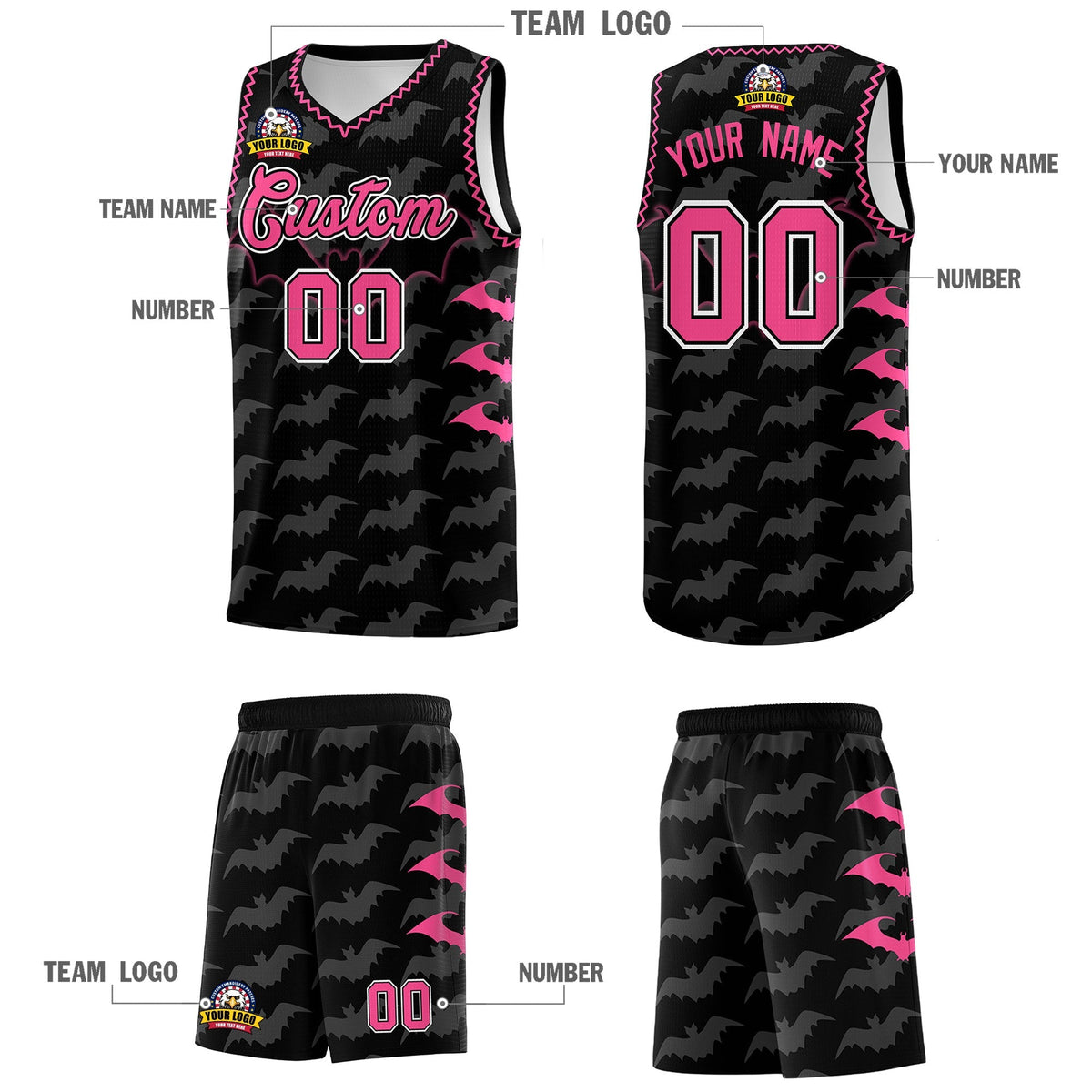 Custom Black Pink Bat Pattern Halloween Basketball Jersey | For Men,For Kid,For Youth,Sublimation Printed,Perfect for Training,Perfect for Parties,Add Name and Numbern | KXKSHOP