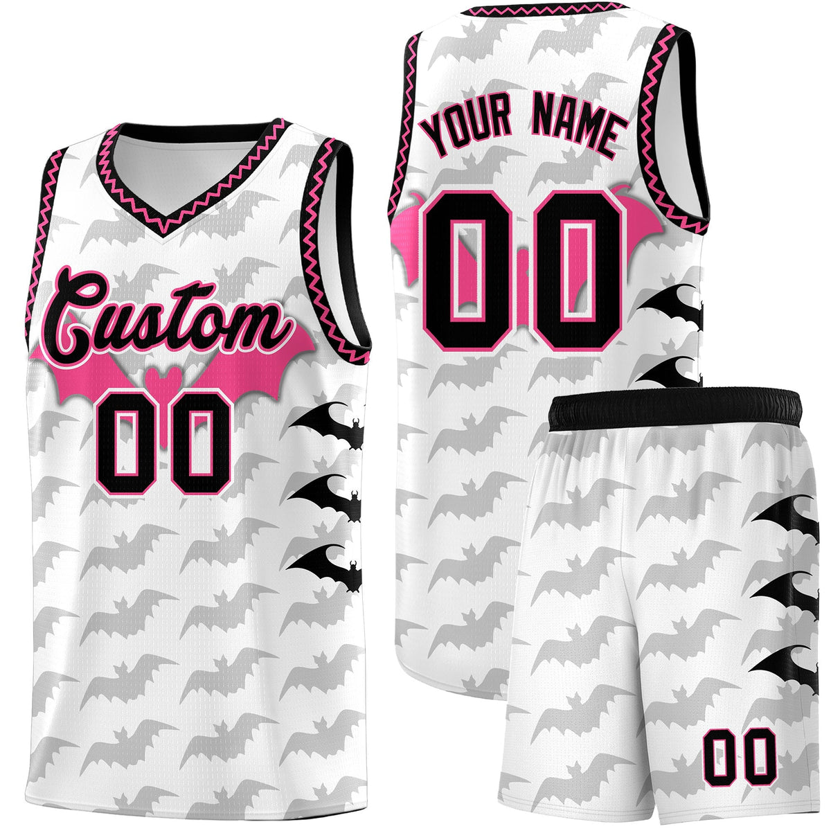 Custom White Black Pink Bat Pattern Halloween Basketball Jersey | For Men,For Kid,For Youth,Sublimation Printed,Perfect for Training,Perfect for Parties,Add Name and Numbern | KXKSHOP