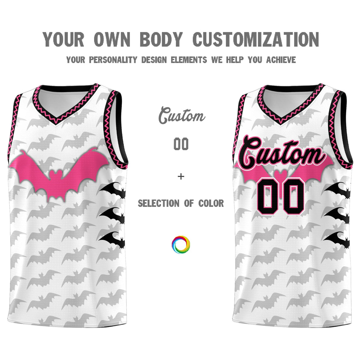 Custom White Black Pink Bat Pattern Halloween Basketball Jersey | For Men,For Kid,For Youth,Sublimation Printed,Perfect for Training,Perfect for Parties,Add Name and Numbern | KXKSHOP
