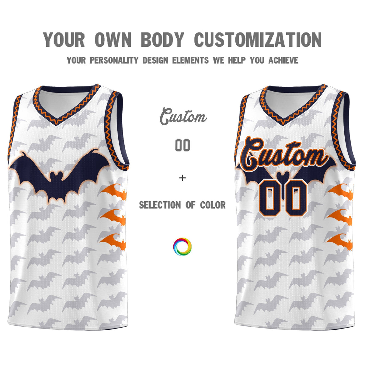Custom White Orange Navy Bat Pattern Halloween Basketball Jersey | For Men,For Kid,For Youth,Sublimation Printed,Perfect for Training,Perfect for Parties,Add Name and Numbern | KXKSHOP