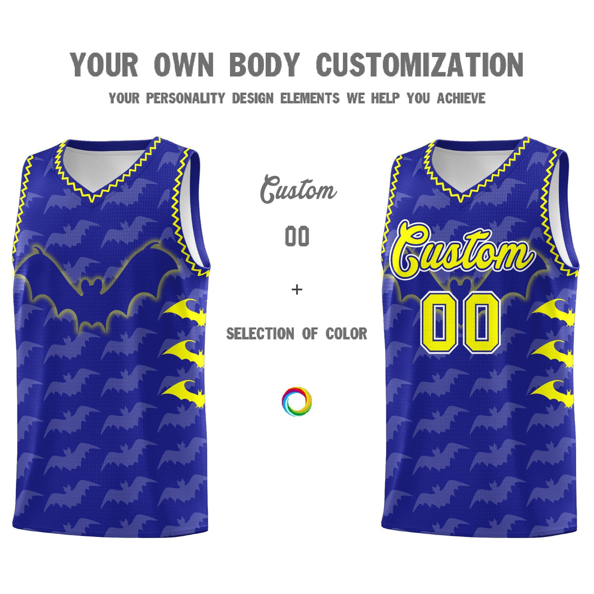 Custom Royal Fluorescent Yellow Bat Pattern Halloween Basketball Jersey | For Men,For Kid,For Youth,Sublimation Printed,Perfect for Training,Perfect for Parties,Add Name and Numbern | KXKSHOP