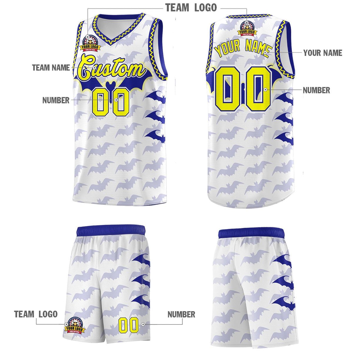 Custom White Fluorescent Yellow Bat Pattern Halloween Basketball Jersey | For Men,For Kid,For Youth,Sublimation Printed,Perfect for Training,Perfect for Parties,Add Name and Numbern | KXKSHOP