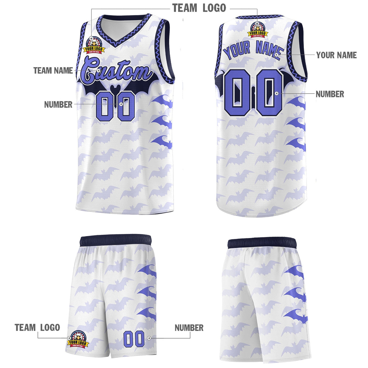 Custom White Purple Navy Bat Pattern Halloween Basketball Jersey | For Men,For Kid,For Youth,Sublimation Printed,Perfect for Training,Perfect for Parties,Add Name and Numbern | KXKSHOP