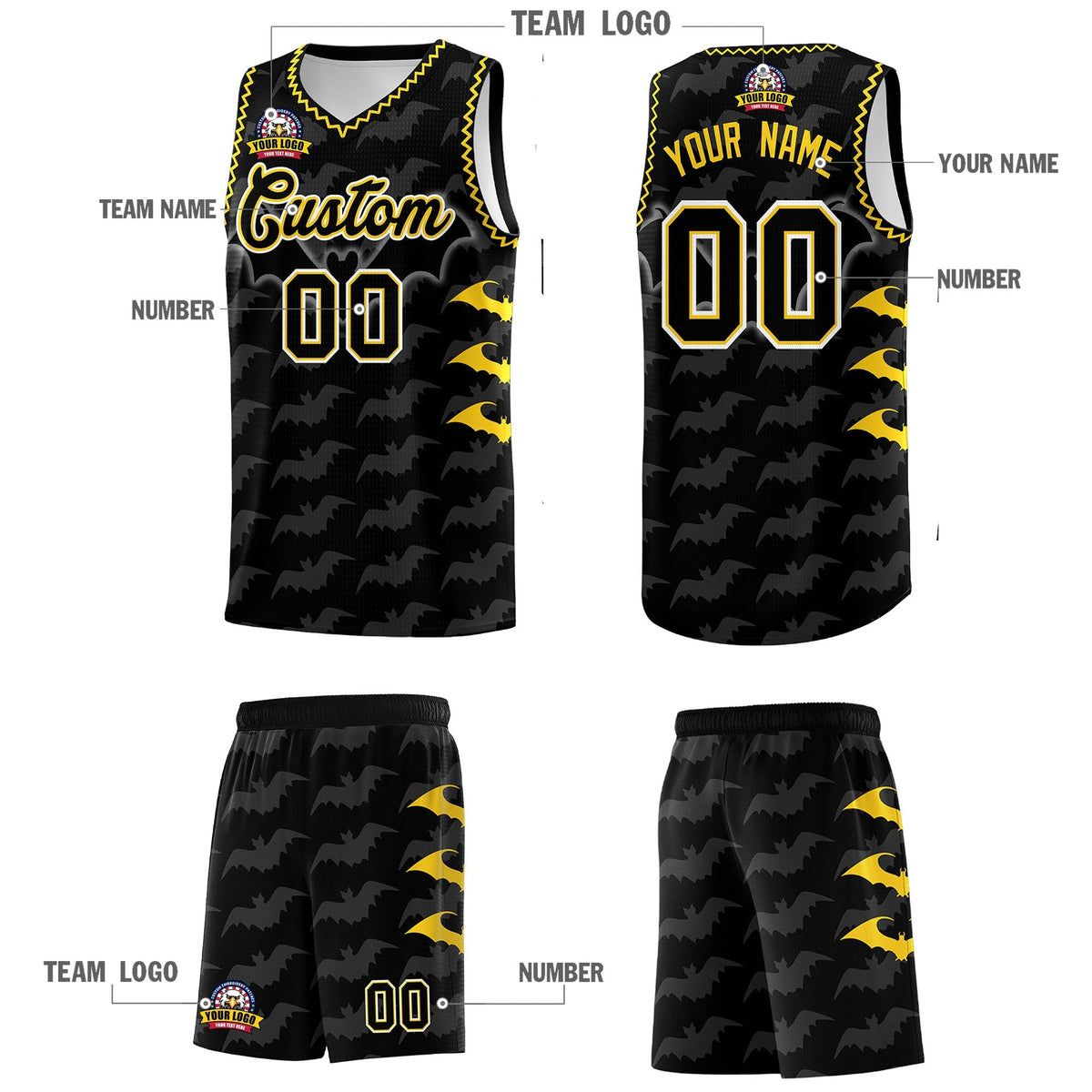 Custom Black Gold Bat Pattern Halloween Basketball Jersey | For Men,For Kid,For Youth,Sublimation Printed,Perfect for Training,Perfect for Parties,Add Name and Numbern | KXKSHOP