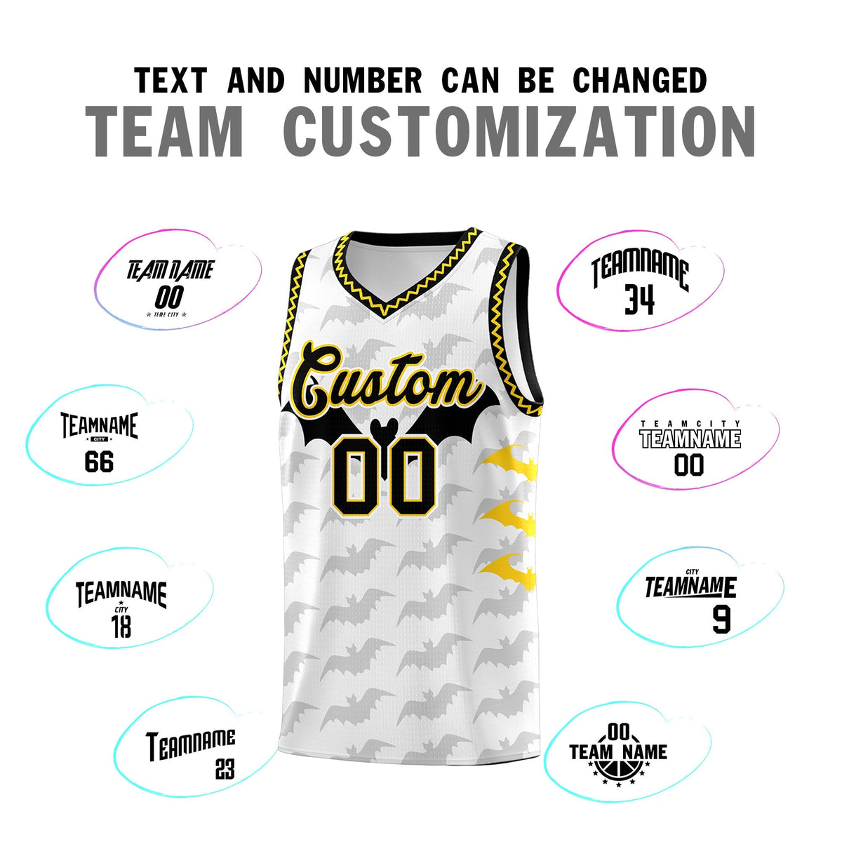 Custom White Gold Black Bat Pattern Halloween Basketball Jersey | For Men,For Kid,For Youth,Sublimation Printed,Perfect for Training,Perfect for Parties,Add Name and Numbern | KXKSHOP