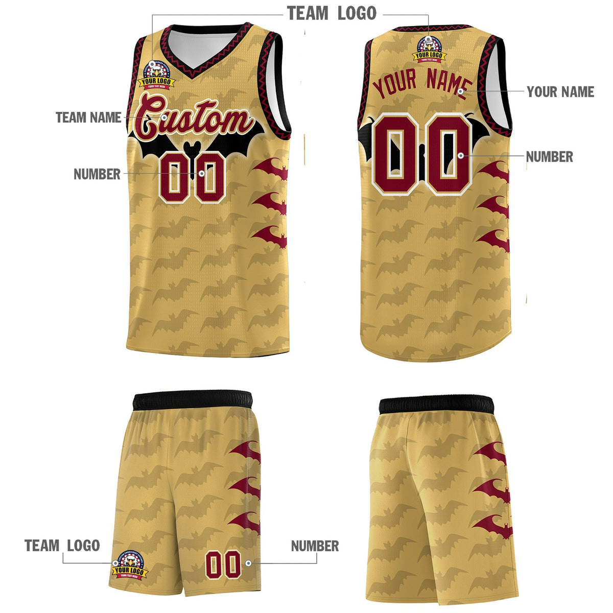 Custom Old Gold Crimson Bat Pattern Halloween Basketball Jersey | For Men,For Kid,For Youth,Sublimation Printed,Perfect for Training,Perfect for Parties,Add Name and Numbern | KXKSHOP