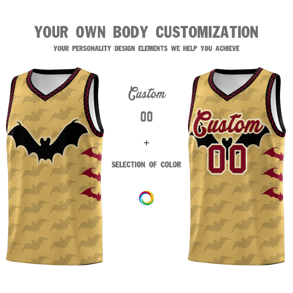 Custom Old Gold Crimson Bat Pattern Halloween Basketball Jersey | For Men,For Kid,For Youth,Sublimation Printed,Perfect for Training,Perfect for Parties,Add Name and Numbern | KXKSHOP
