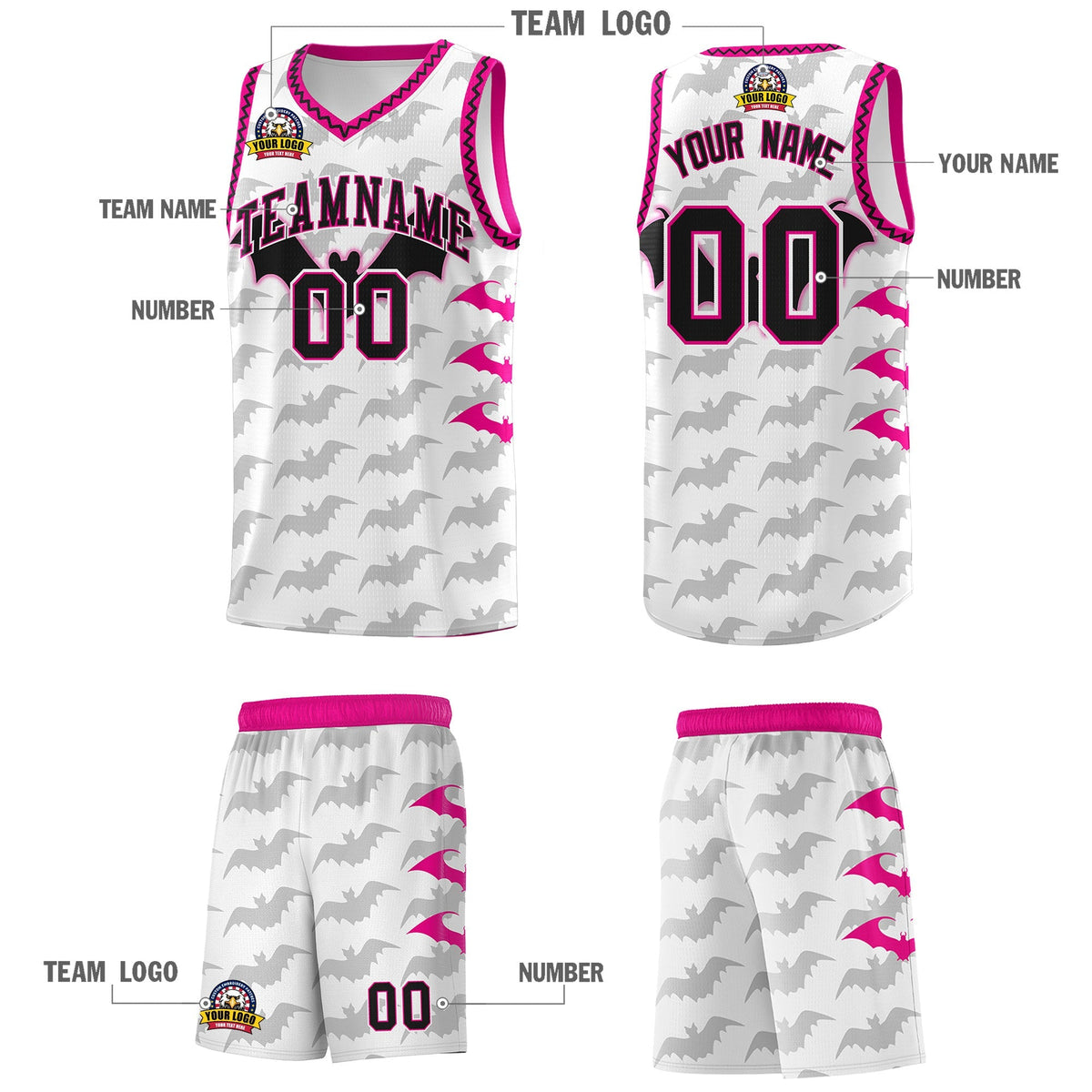Custom White Pink Black Bat Pattern Halloween Basketball Jersey | For Men,For Kid,For Youth,Sublimation Printed,Perfect for Training,Perfect for Parties,Add Name and Numbern | KXKSHOP