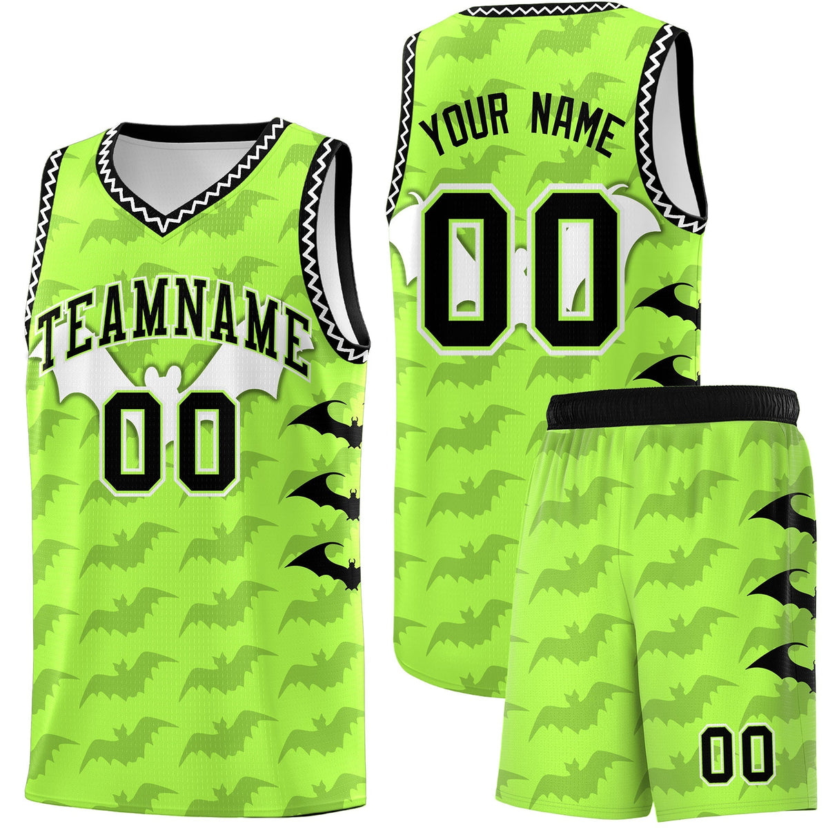 Custom Fluorescent Green White Bat Pattern Halloween Basketball Jersey | For Men,For Kid,For Youth,Sublimation Printed,Perfect for Training,Perfect for Parties,Add Name and Numbern | KXKSHOP
