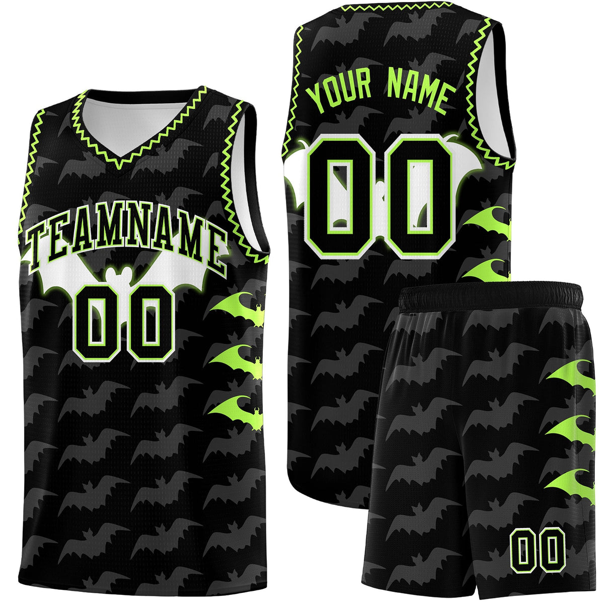 Custom Black Fluorescent Green Bat Pattern Halloween Basketball Jersey | For Men,For Kid,For Youth,Sublimation Printed,Perfect for Training,Perfect for Parties,Add Name and Numbern | KXKSHOP