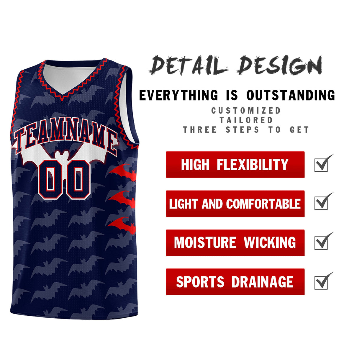 Custom Navy Red Bat Pattern Halloween Basketball Jersey | For Men,For Kid,For Youth,Sublimation Printed,Perfect for Training,Perfect for Parties,Add Name and Numbern | KXKSHOP