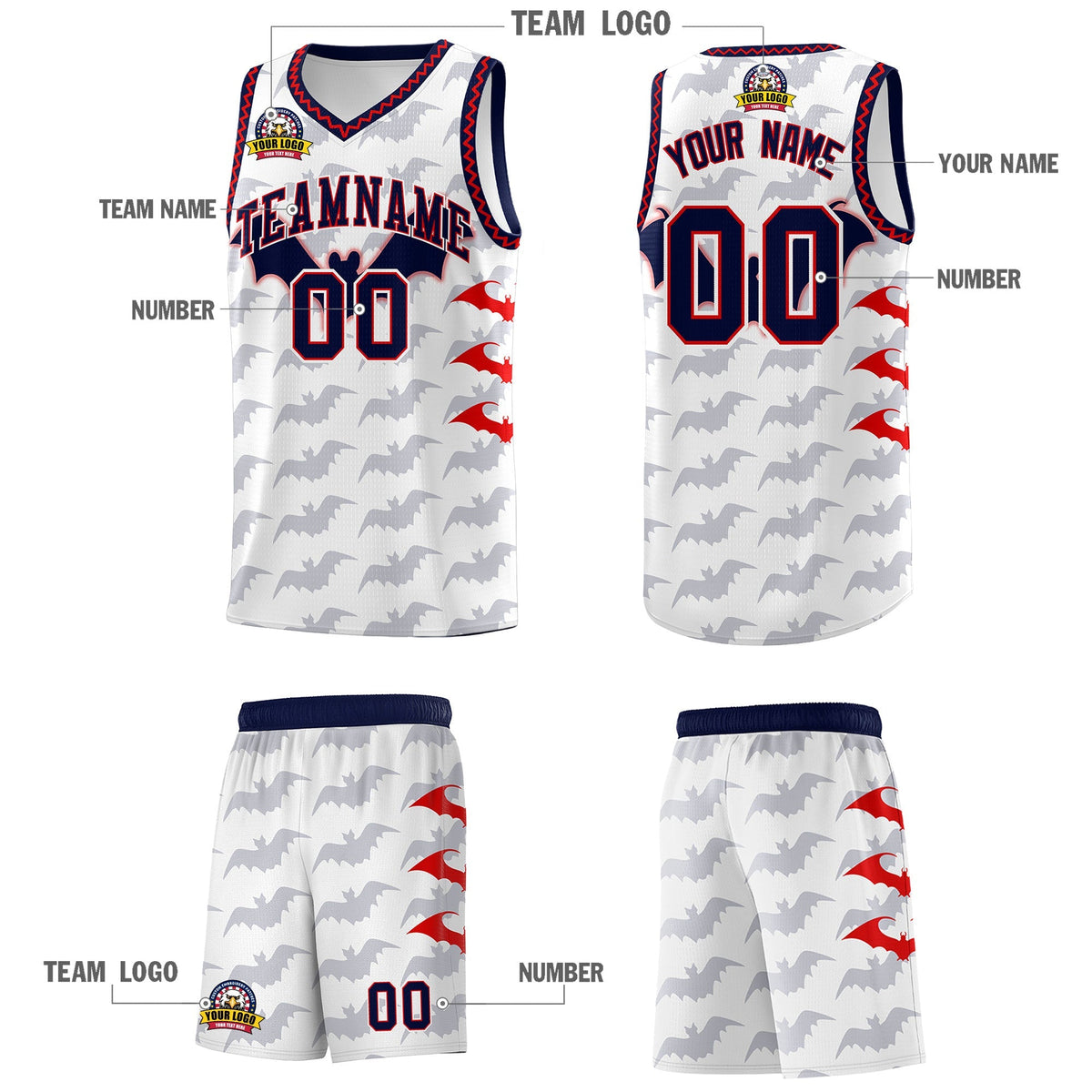 Custom White Red Navy Bat Pattern Halloween Basketball Jersey | For Men,For Kid,For Youth,Sublimation Printed,Perfect for Training,Perfect for Parties,Add Name and Numbern | KXKSHOP