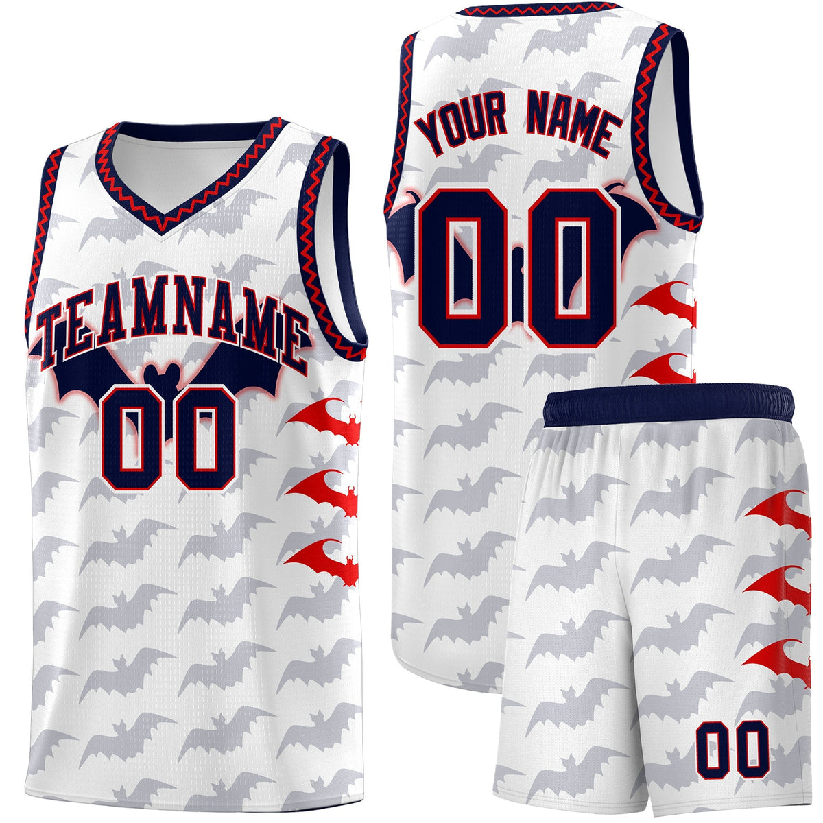 Custom White Red Navy Bat Pattern Halloween Basketball Jersey | For Men,For Kid,For Youth,Sublimation Printed,Perfect for Training,Perfect for Parties,Add Name and Numbern | KXKSHOP