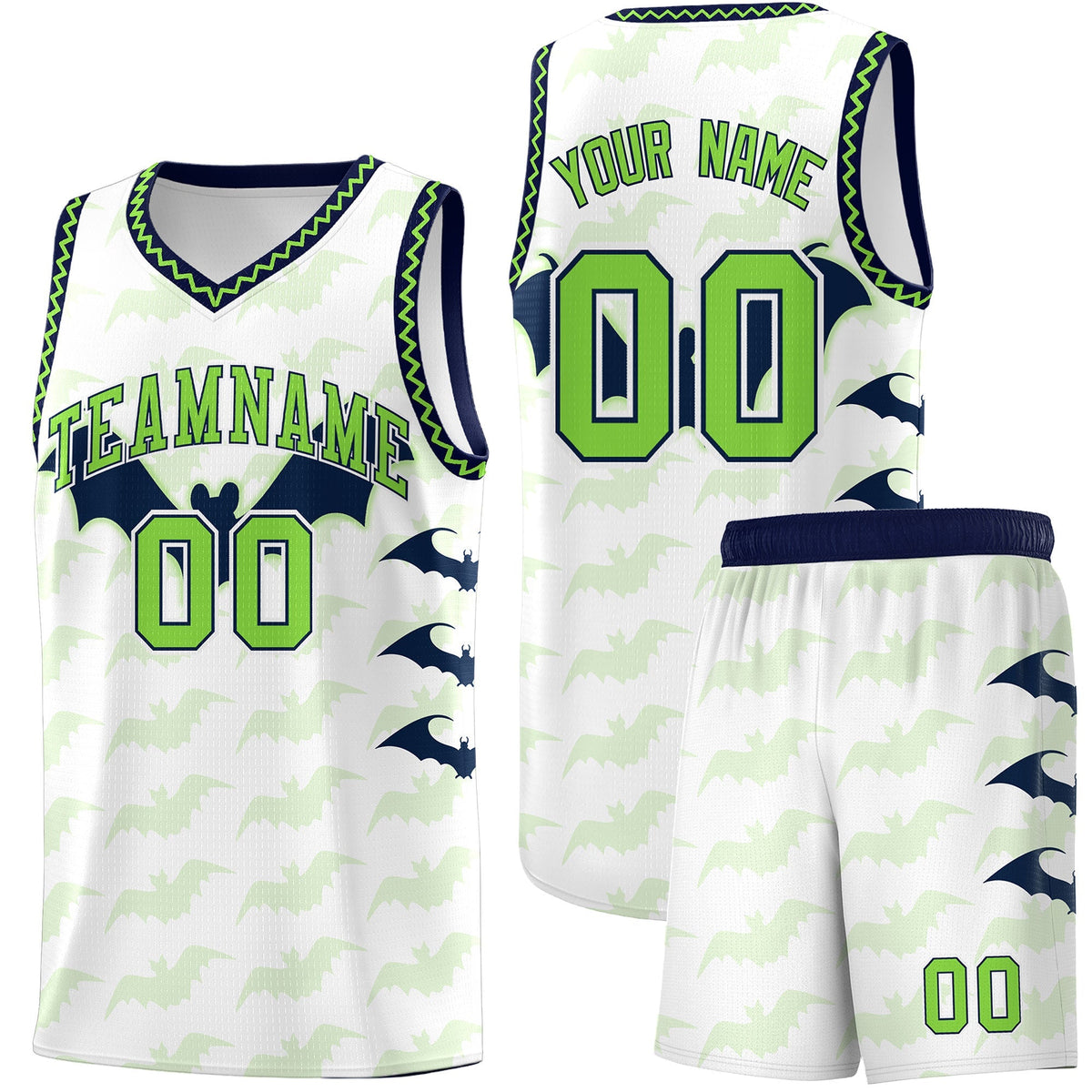 Custom White Fluorescent Green Navy Bat Pattern Halloween Basketball Jersey | For Men,For Kid,For Youth,Sublimation Printed,Perfect for Training,Perfect for Parties,Add Name and Numbern | KXKSHOP