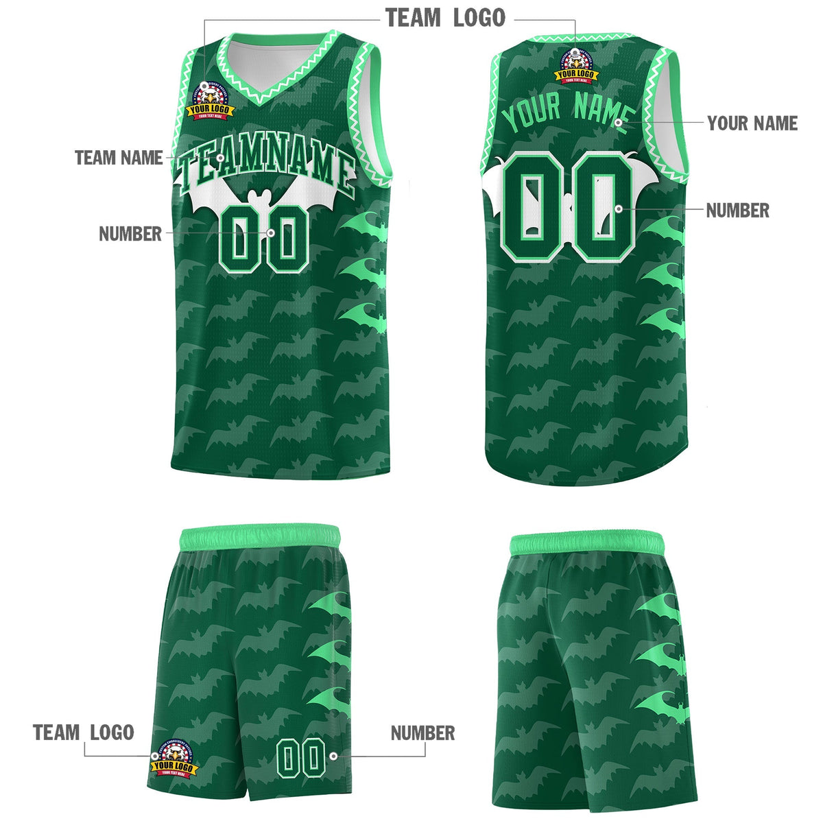 Custom Kelly Green White Green Bat Pattern Halloween Basketball Jersey | For Men,For Kid,For Youth,Sublimation Printed,Perfect for Training,Perfect for Parties,Add Name and Numbern | KXKSHOP