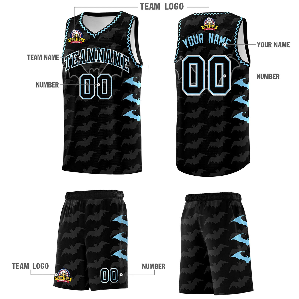 Custom Black Light Blue Bat Pattern Halloween Basketball Jersey | For Men,For Kid,For Youth,Sublimation Printed,Perfect for Training,Perfect for Parties,Add Name and Numbern | KXKSHOP