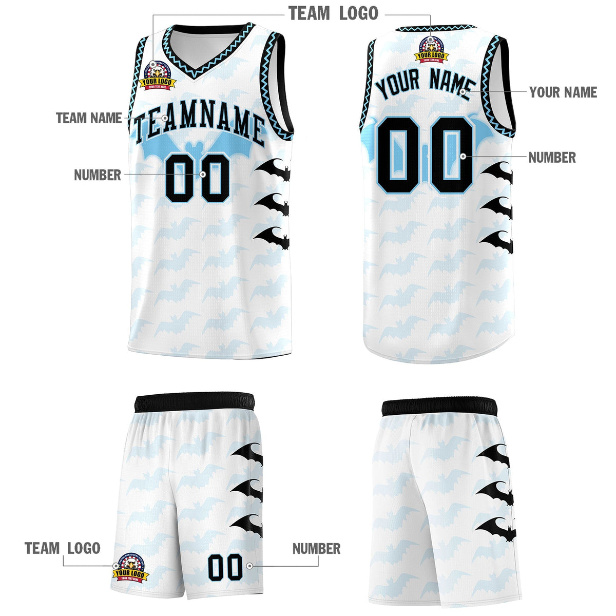 Custom White Light Blue Bat Pattern Halloween Basketball Jersey | For Men,For Kid,For Youth,Sublimation Printed,Perfect for Training,Perfect for Parties,Add Name and Numbern | KXKSHOP