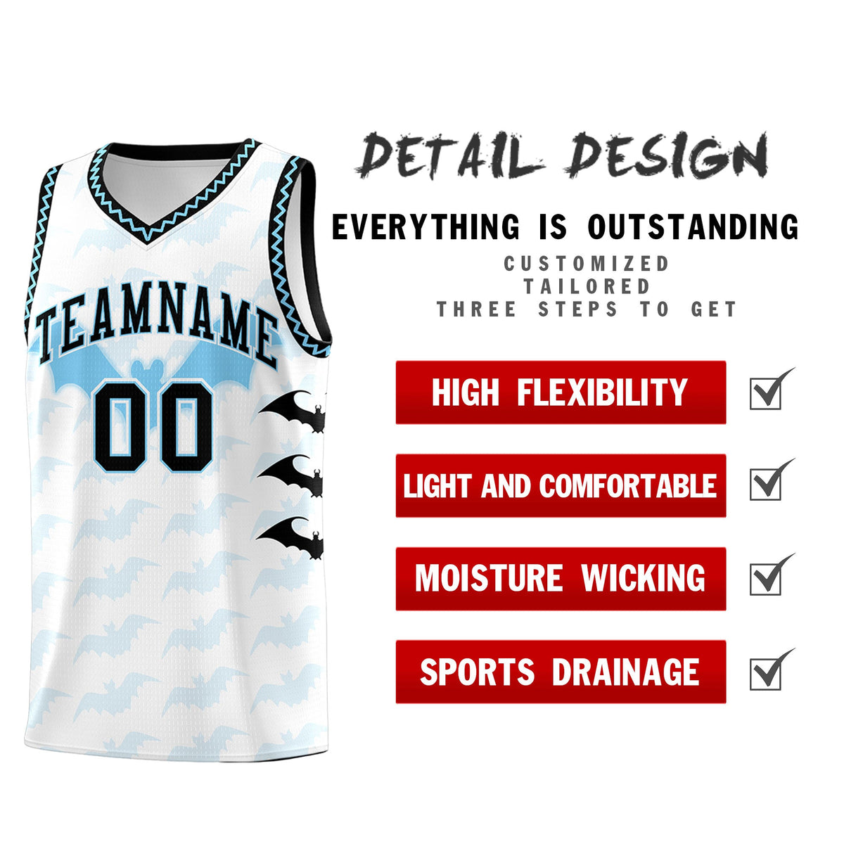 Custom White Light Blue Bat Pattern Halloween Basketball Jersey | For Men,For Kid,For Youth,Sublimation Printed,Perfect for Training,Perfect for Parties,Add Name and Numbern | KXKSHOP