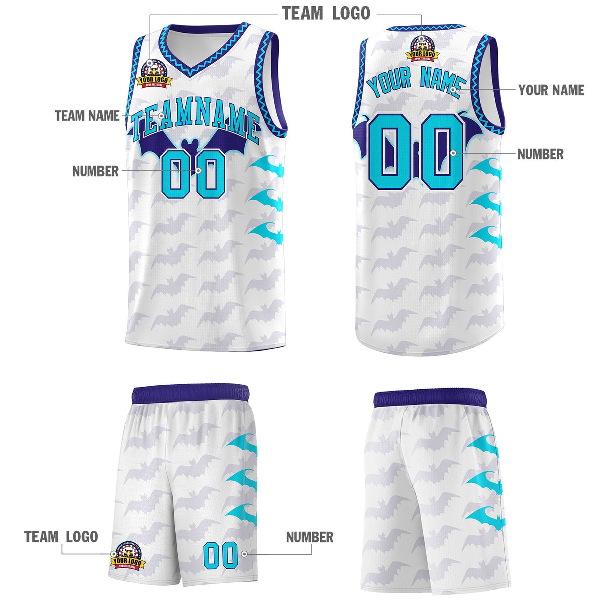 Custom White Sky Blue Bat Pattern Halloween Basketball Jersey | For Men,For Kid,For Youth,Sublimation Printed,Perfect for Training,Perfect for Parties,Add Name and Numbern | KXKSHOP