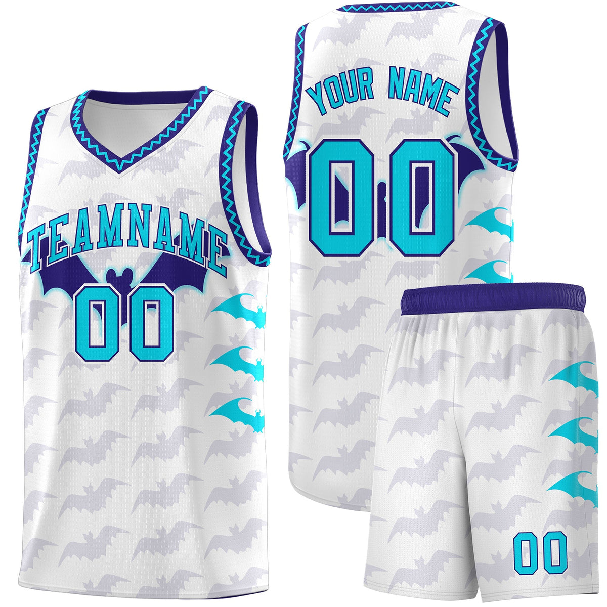 Custom White Sky Blue Bat Pattern Halloween Basketball Jersey | For Men,For Kid,For Youth,Sublimation Printed,Perfect for Training,Perfect for Parties,Add Name and Numbern | KXKSHOP