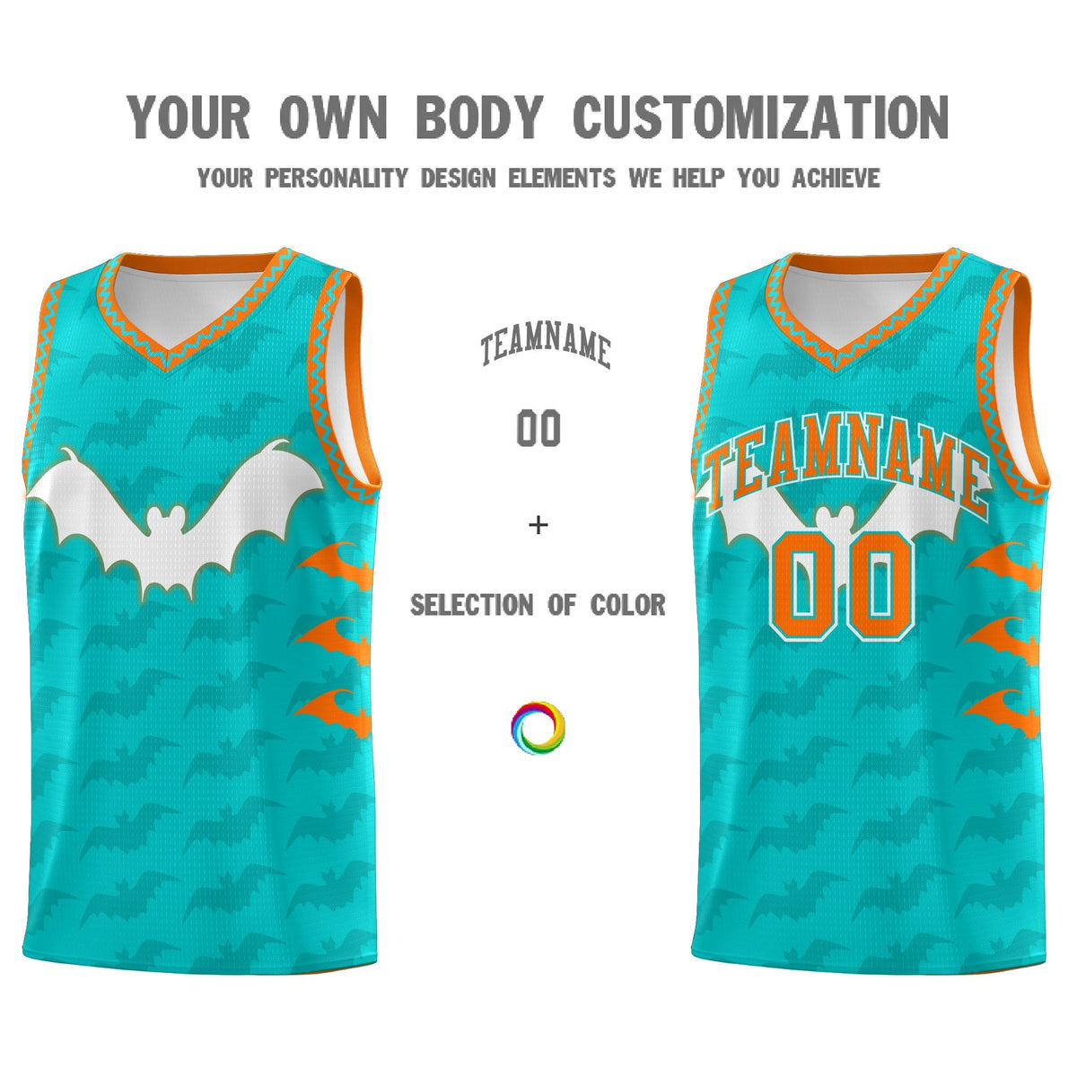 Custom Aqua Orange Bat Pattern Halloween Basketball Jersey | For Men,For Kid,For Youth,Sublimation Printed,Perfect for Training,Perfect for Parties,Add Name and Numbern | KXKSHOP