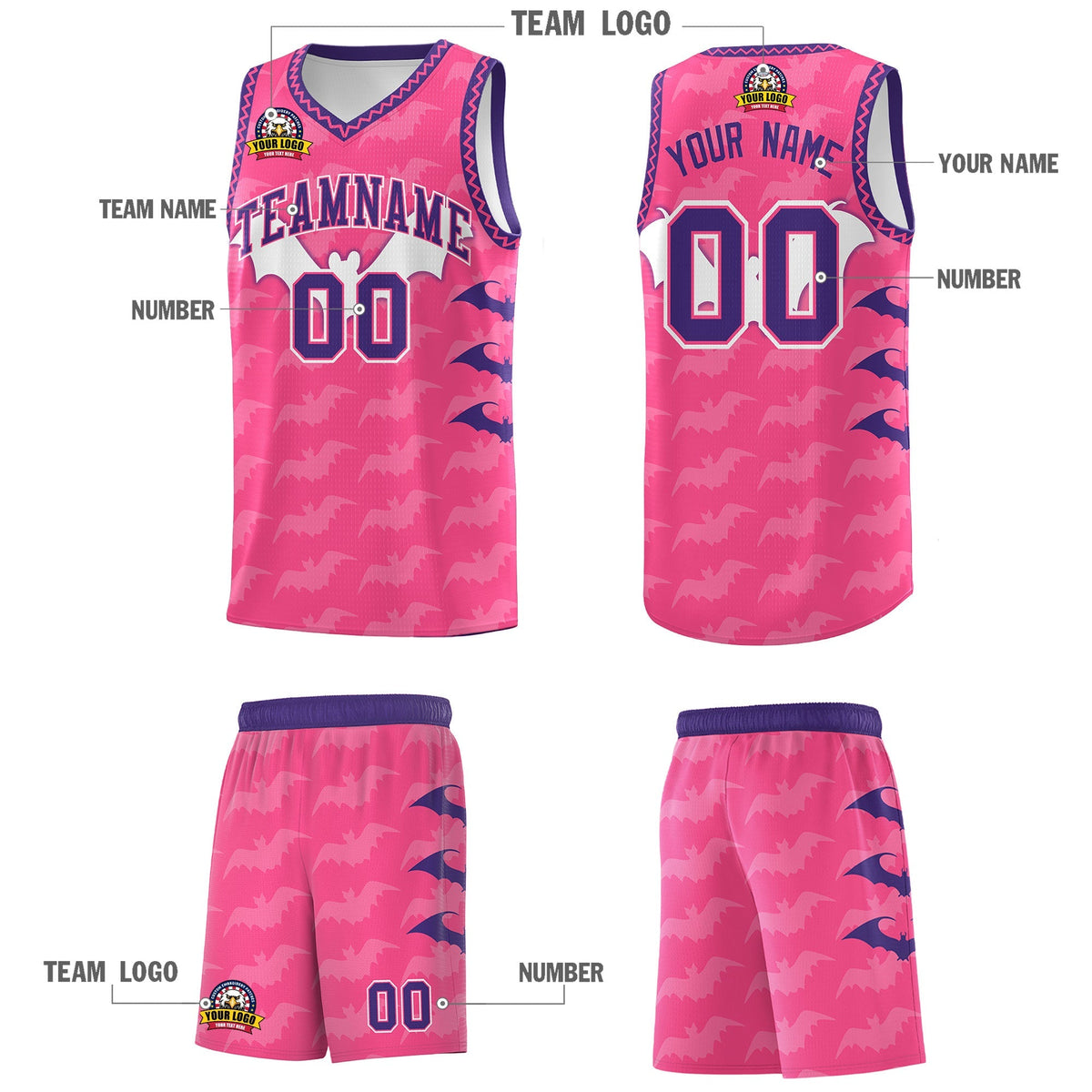 Custom Pink Purple Bat Pattern Halloween Basketball Jersey | For Men,For Kid,For Youth,Sublimation Printed,Perfect for Training,Perfect for Parties,Add Name and Numbern | KXKSHOP