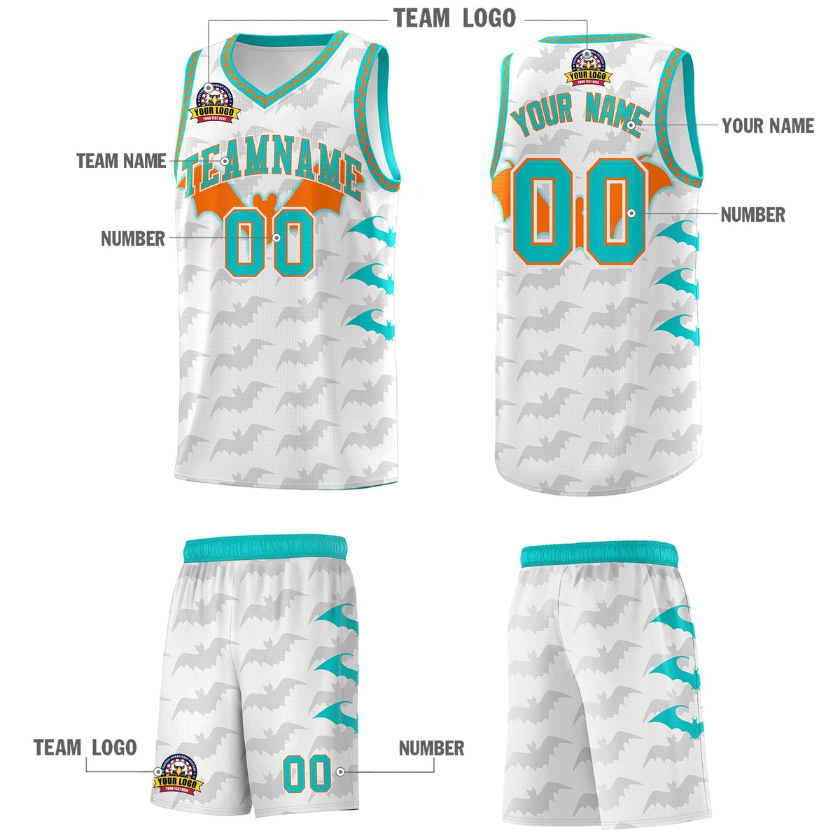 Custom White Orange Aqua Bat Pattern Halloween Basketball Jersey | For Men,For Kid,For Youth,Sublimation Printed,Perfect for Training,Perfect for Parties,Add Name and Numbern | KXKSHOP