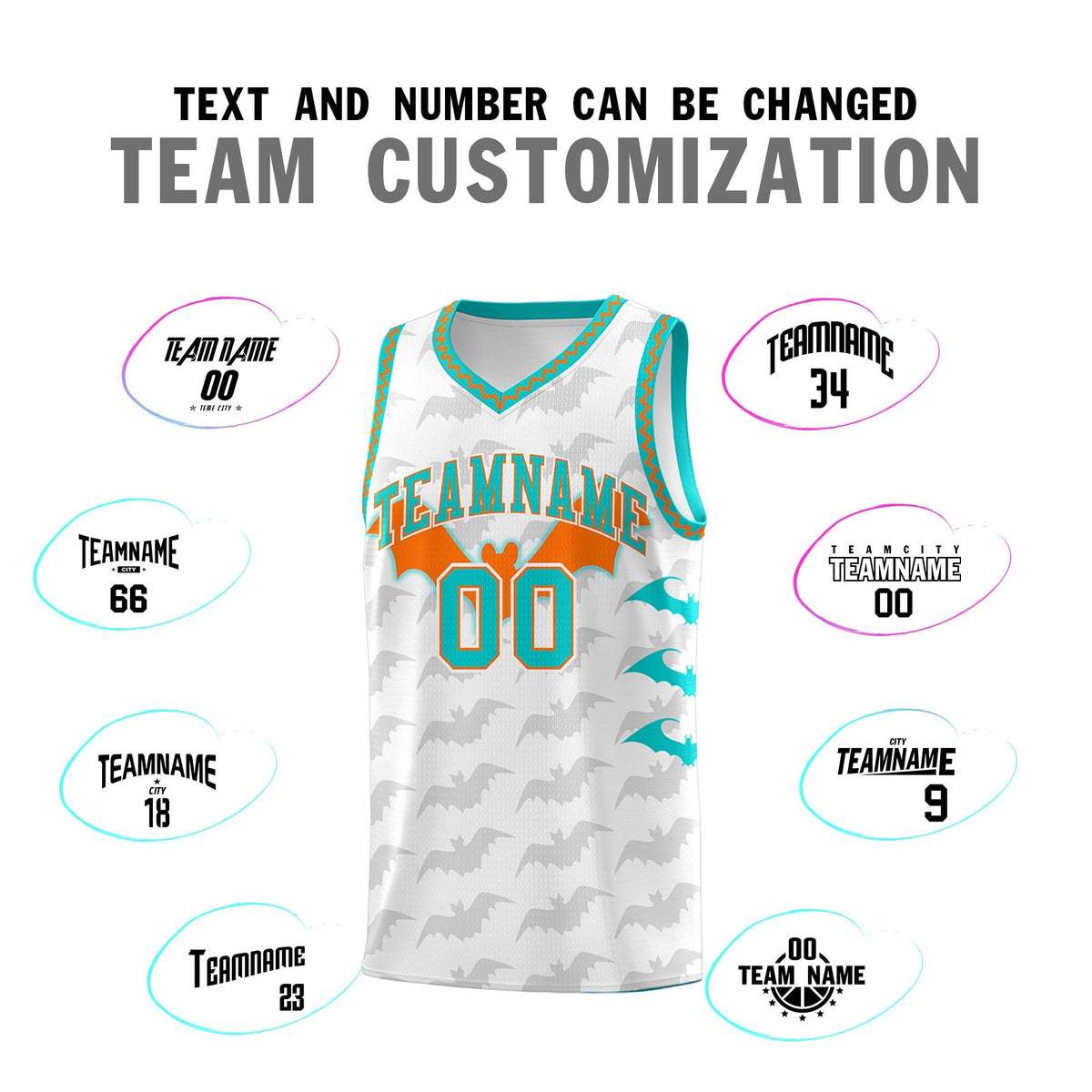 Custom White Orange Aqua Bat Pattern Halloween Basketball Jersey | For Men,For Kid,For Youth,Sublimation Printed,Perfect for Training,Perfect for Parties,Add Name and Numbern | KXKSHOP