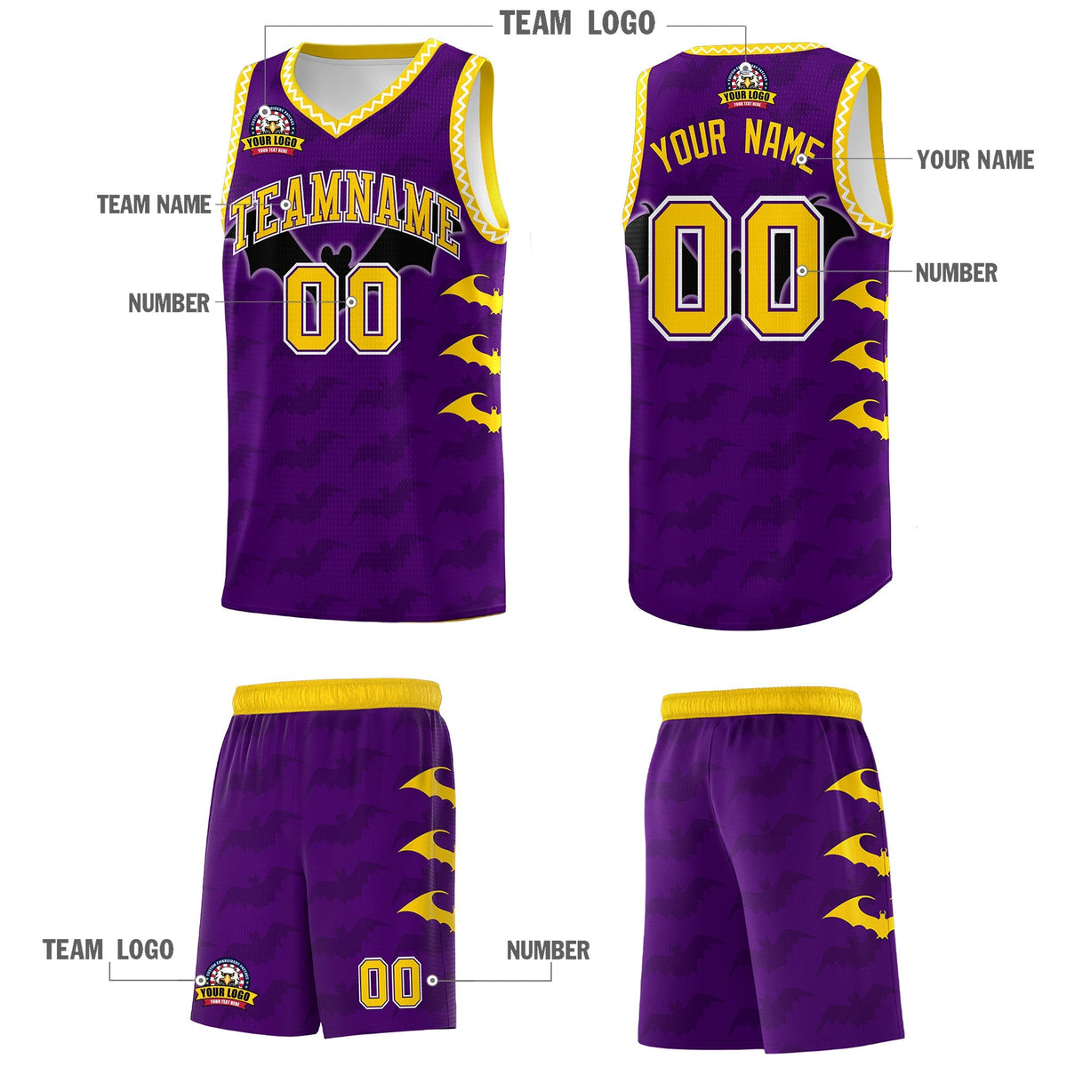 Custom Purple Gold White Bat Pattern Halloween Basketball Jersey | For Men,For Kid,For Youth,Sublimation Printed,Perfect for Training,Perfect for Parties,Add Name and Numbern | KXKSHOP