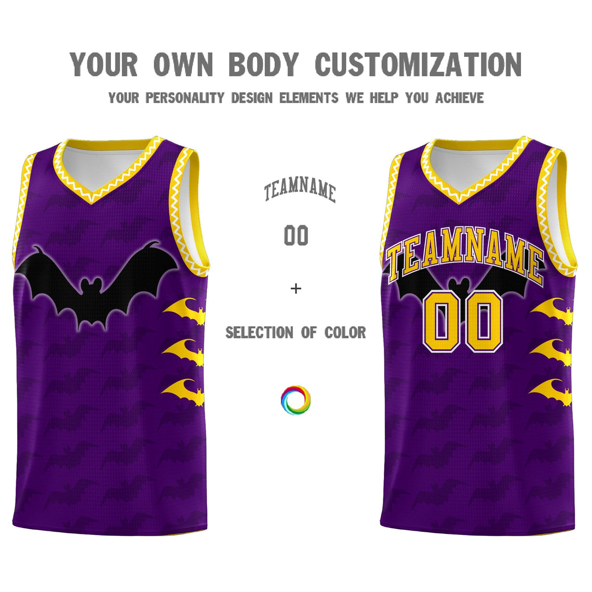 Custom Purple Gold White Bat Pattern Halloween Basketball Jersey | For Men,For Kid,For Youth,Sublimation Printed,Perfect for Training,Perfect for Parties,Add Name and Numbern | KXKSHOP