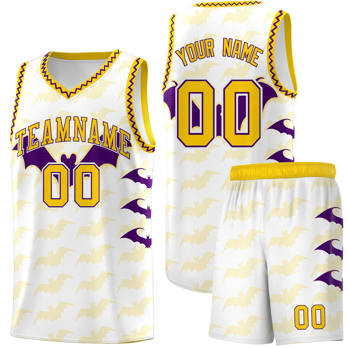 Custom White Purple Gold Bat Pattern Halloween Basketball Jersey | For Men,For Kid,For Youth,Sublimation Printed,Perfect for Training,Perfect for Parties,Add Name and Numbern | KXKSHOP