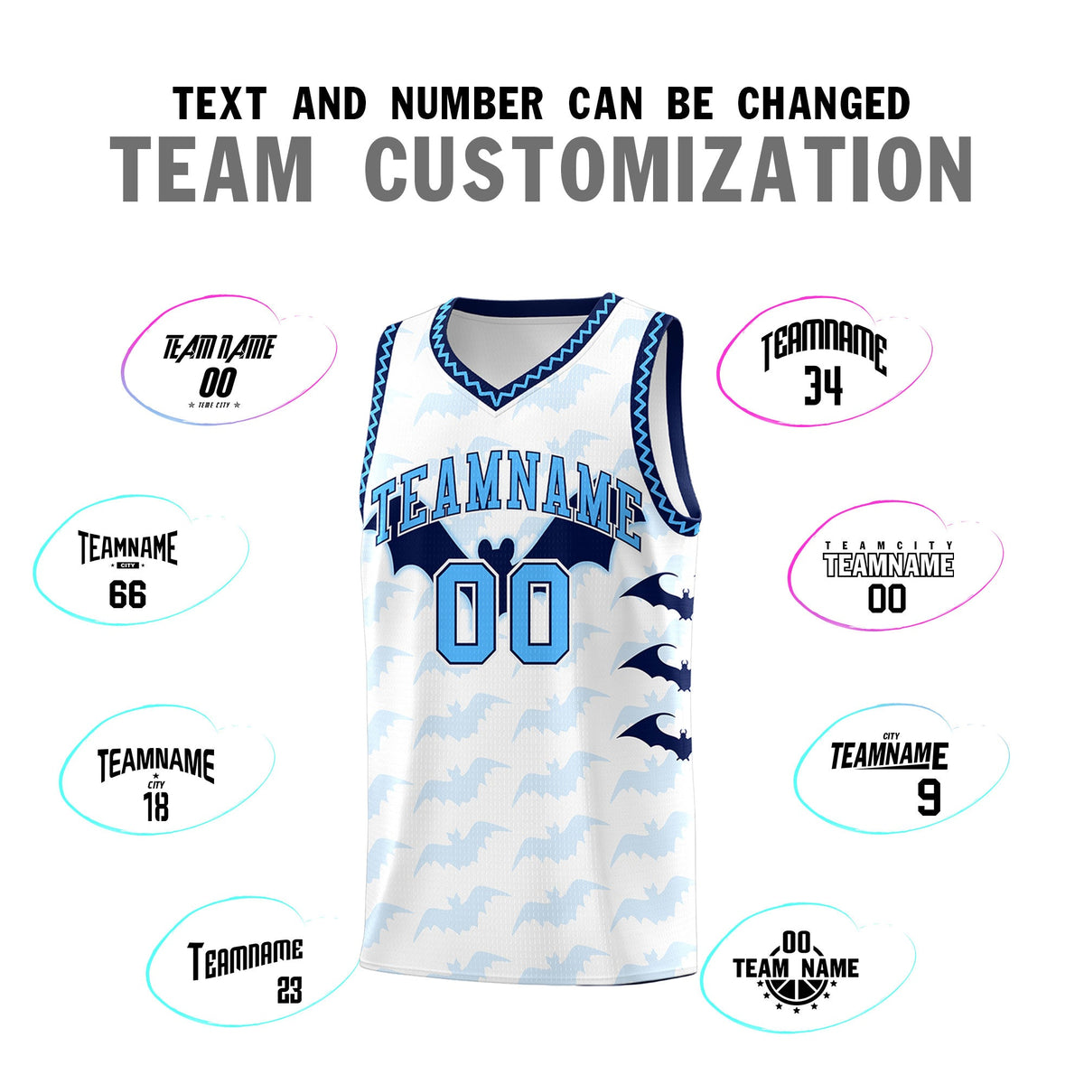 Custom White Powder Blue Bat Pattern Halloween Basketball Jersey | For Men,For Kid,For Youth,Sublimation Printed,Perfect for Training,Perfect for Parties,Add Name and Numbern | KXKSHOP