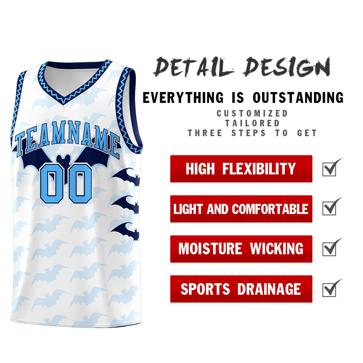Custom White Powder Blue Bat Pattern Halloween Basketball Jersey | For Men,For Kid,For Youth,Sublimation Printed,Perfect for Training,Perfect for Parties,Add Name and Numbern | KXKSHOP