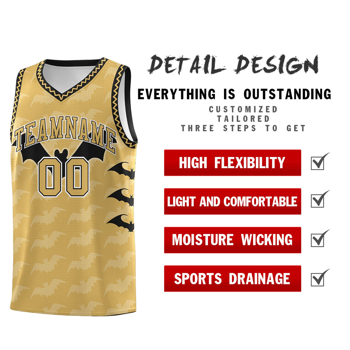 Custom Old Gold Black White Bat Pattern Halloween Basketball Jersey | For Men,For Kid,For Youth,Sublimation Printed,Perfect for Training,Perfect for Parties,Add Name and Numbern | KXKSHOP