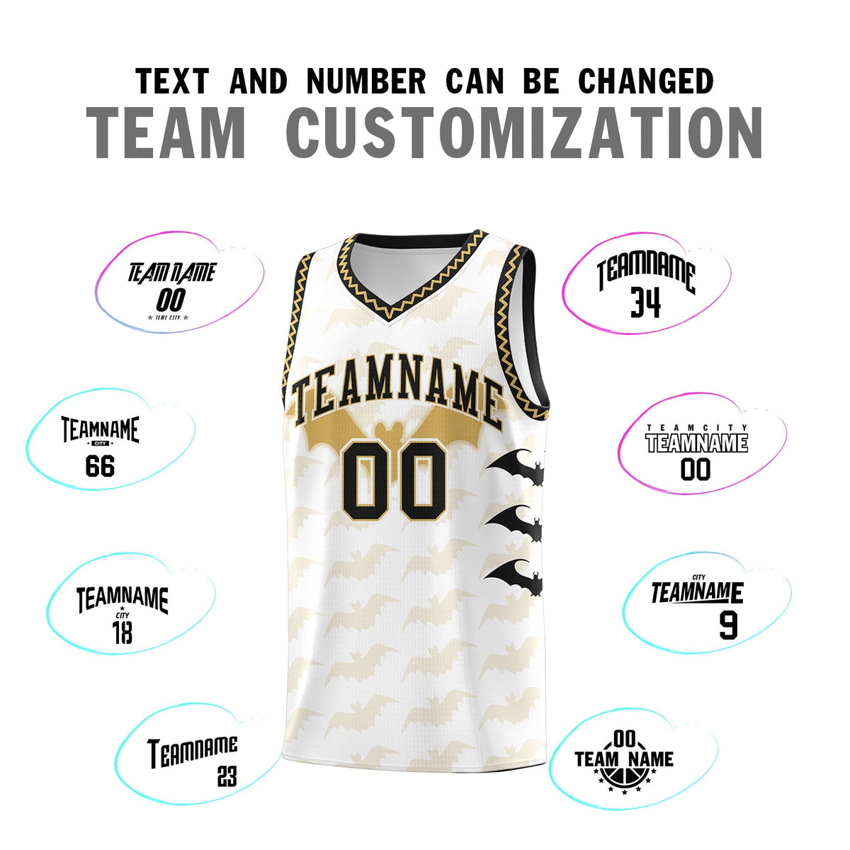 Custom White Old Gold Bat Pattern Halloween Basketball Jersey | For Men,For Kid,For Youth,Sublimation Printed,Perfect for Training,Perfect for Parties,Add Name and Numbern | KXKSHOP