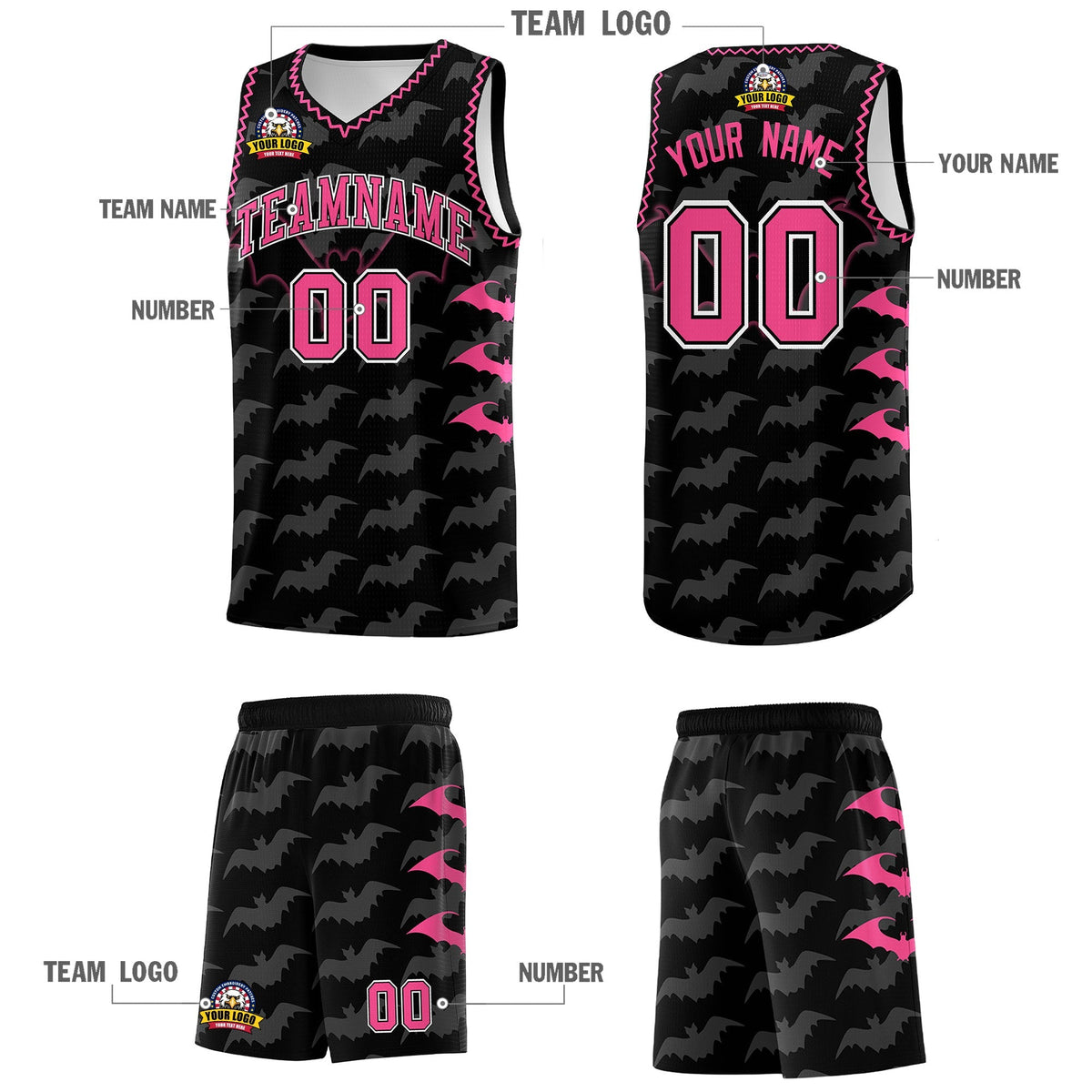 Custom Black Pink Bat Pattern Halloween Basketball Jersey | For Men,For Kid,For Youth,Sublimation Printed,Perfect for Training,Perfect for Parties,Add Name and Numbern | KXKSHOP