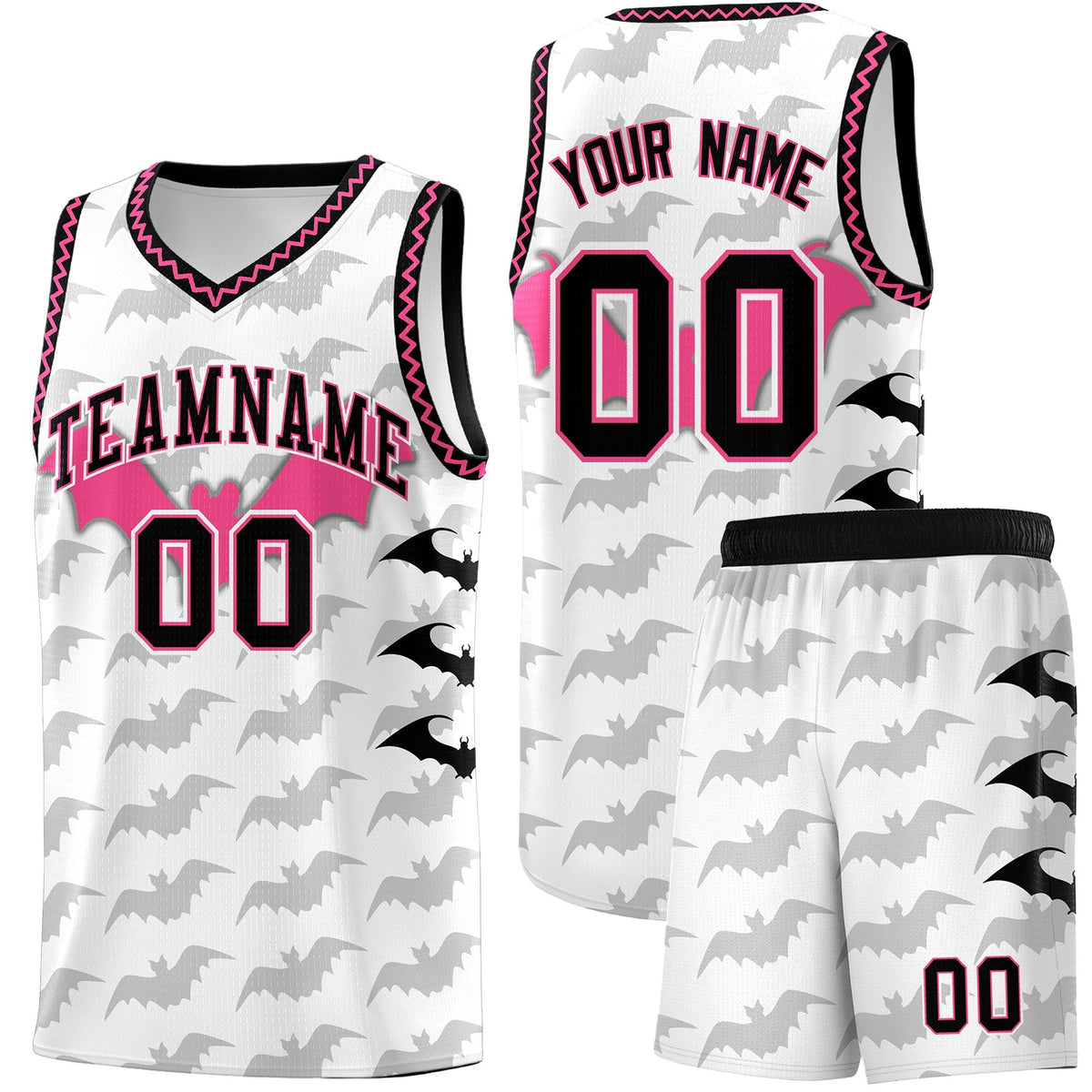 Custom White Black Pink Bat Pattern Halloween Basketball Jersey | For Men,For Kid,For Youth,Sublimation Printed,Perfect for Training,Perfect for Parties,Add Name and Numbern | KXKSHOP