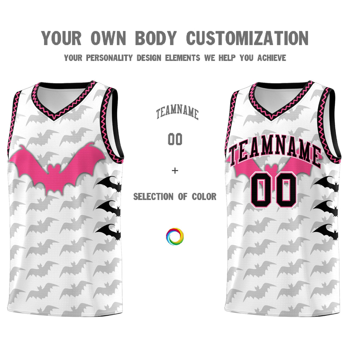 Custom White Black Pink Bat Pattern Halloween Basketball Jersey | For Men,For Kid,For Youth,Sublimation Printed,Perfect for Training,Perfect for Parties,Add Name and Numbern | KXKSHOP