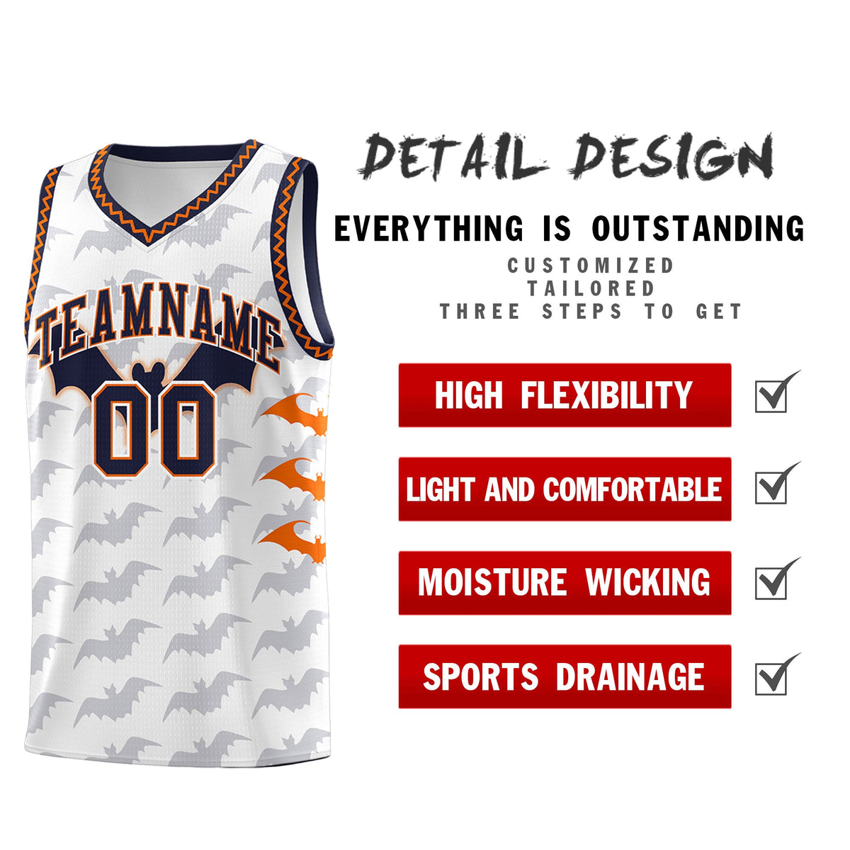 Custom White Orange Navy Bat Pattern Halloween Basketball Jersey | For Men,For Kid,For Youth,Sublimation Printed,Perfect for Training,Perfect for Parties,Add Name and Numbern | KXKSHOP
