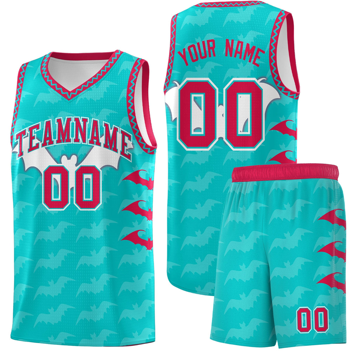 Custom Aqua White Red Bat Pattern Halloween Basketball Jersey | For Men,For Kid,For Youth,Sublimation Printed,Perfect for Training,Perfect for Parties,Add Name and Numbern | KXKSHOP
