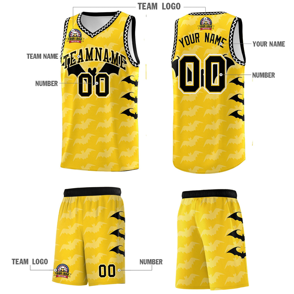 Custom Gold White Black Bat Pattern Halloween Basketball Jersey | For Men,For Kid,For Youth,Sublimation Printed,Perfect for Training,Perfect for Parties,Add Name and Numbern | KXKSHOP