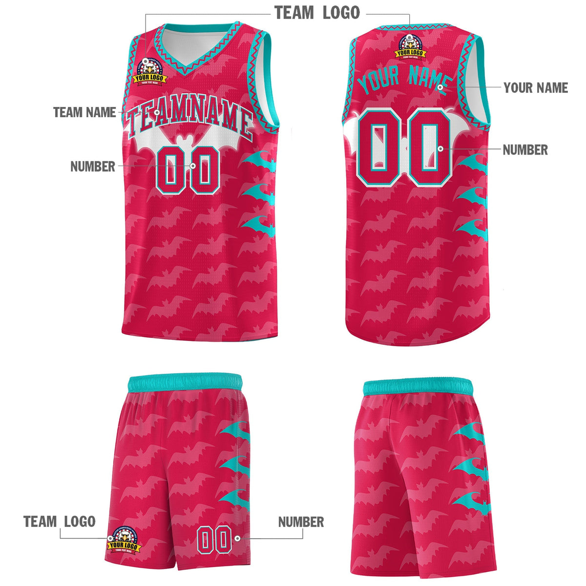 Custom Red White Aqua Bat Pattern Halloween Basketball Jersey | For Men,For Kid,For Youth,Sublimation Printed,Perfect for Training,Perfect for Parties,Add Name and Numbern | KXKSHOP