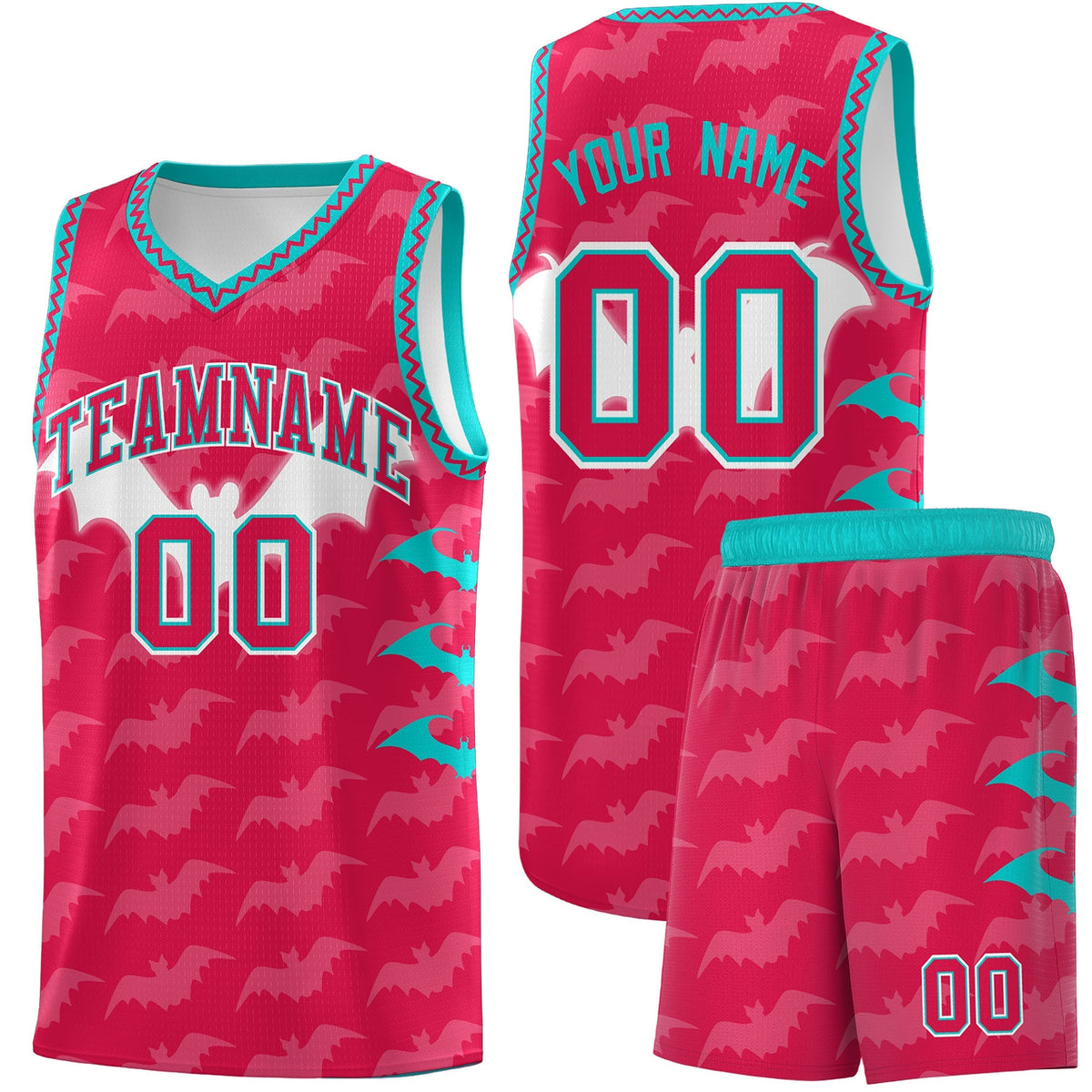 Custom Red White Aqua Bat Pattern Halloween Basketball Jersey | For Men,For Kid,For Youth,Sublimation Printed,Perfect for Training,Perfect for Parties,Add Name and Numbern | KXKSHOP