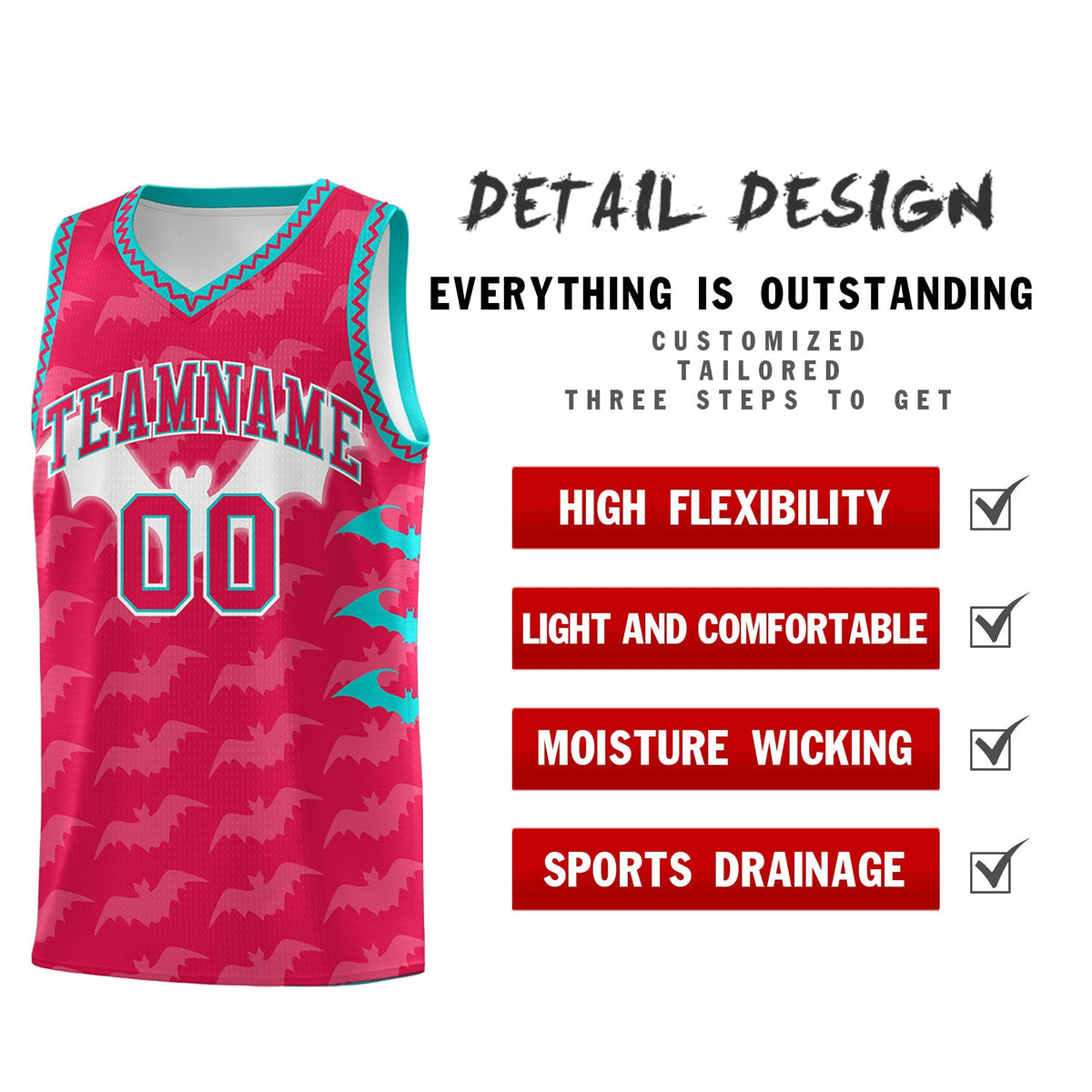 Custom Red White Aqua Bat Pattern Halloween Basketball Jersey | For Men,For Kid,For Youth,Sublimation Printed,Perfect for Training,Perfect for Parties,Add Name and Numbern | KXKSHOP