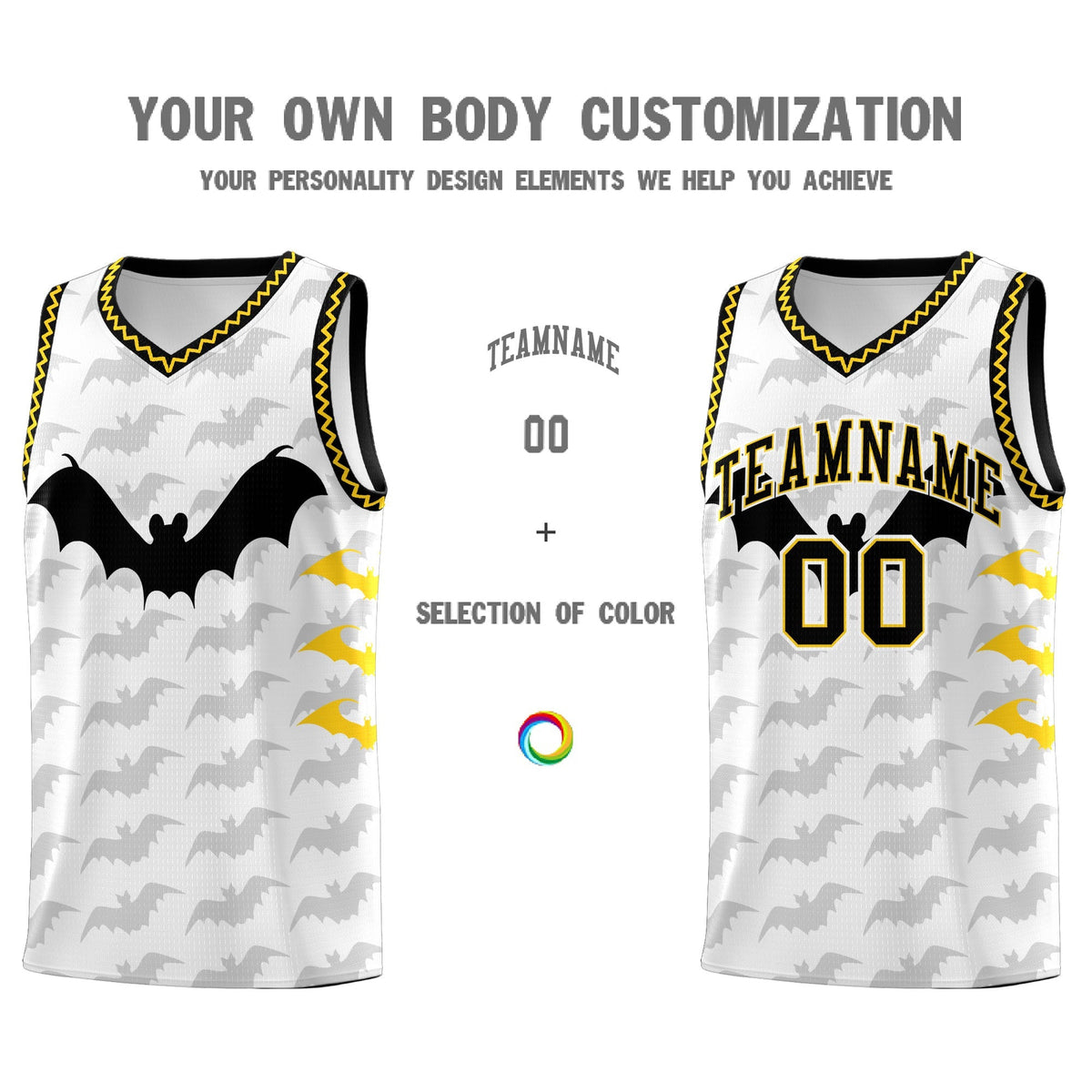 Custom White Gold Black Bat Pattern Halloween Basketball Jersey | For Men,For Kid,For Youth,Sublimation Printed,Perfect for Training,Perfect for Parties,Add Name and Numbern | KXKSHOP